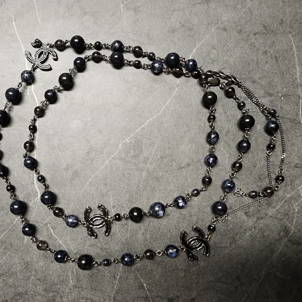 CHANEL Elegant Silver and Blue Beaded Necklace